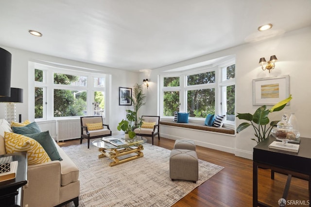 interior space featuring radiator, baseboards, wood finished floors, and recessed lighting