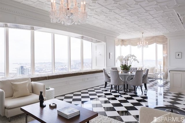 sunroom with a notable chandelier