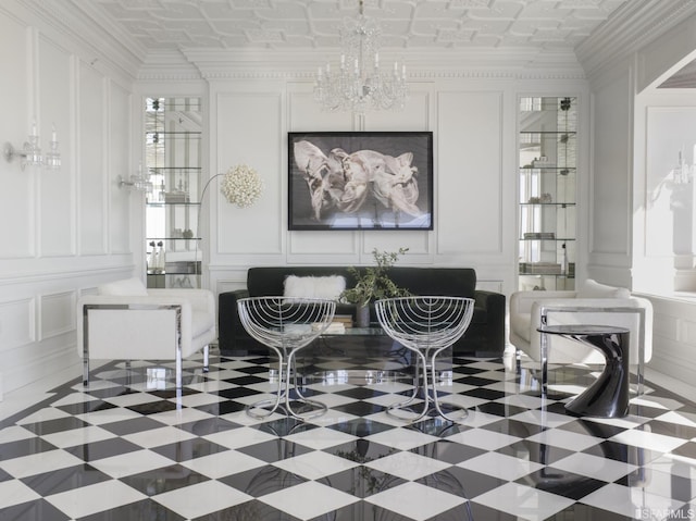 interior space featuring a notable chandelier and crown molding