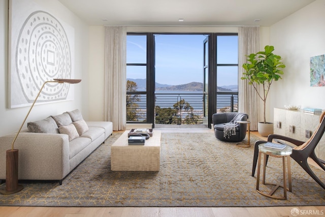 living room with hardwood / wood-style floors and a water and mountain view