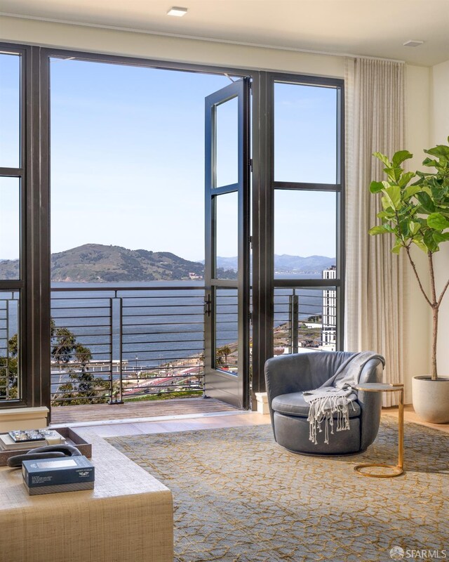 living room featuring plenty of natural light and a water and mountain view