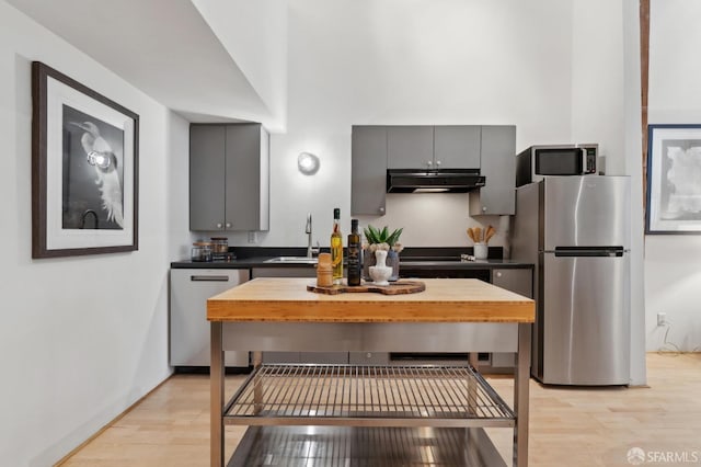 kitchen featuring light wood finished floors, gray cabinetry, appliances with stainless steel finishes, a sink, and under cabinet range hood