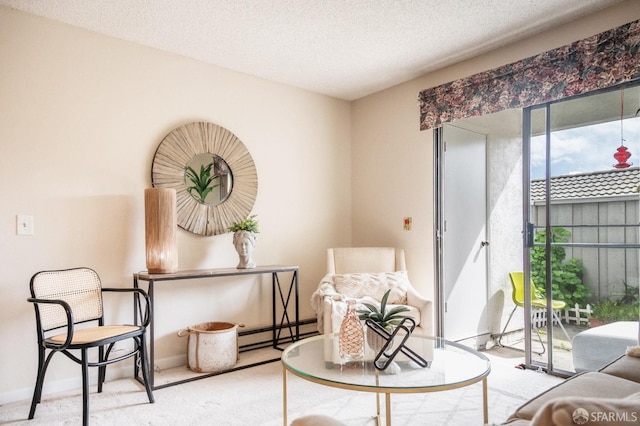 sitting room featuring a textured ceiling, light carpet, and a baseboard radiator