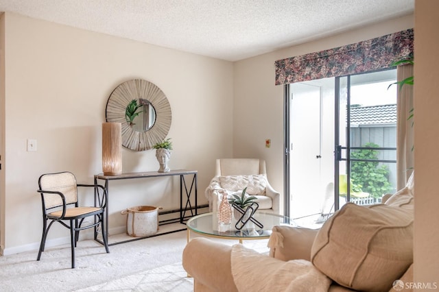 carpeted living room with a textured ceiling and a baseboard radiator