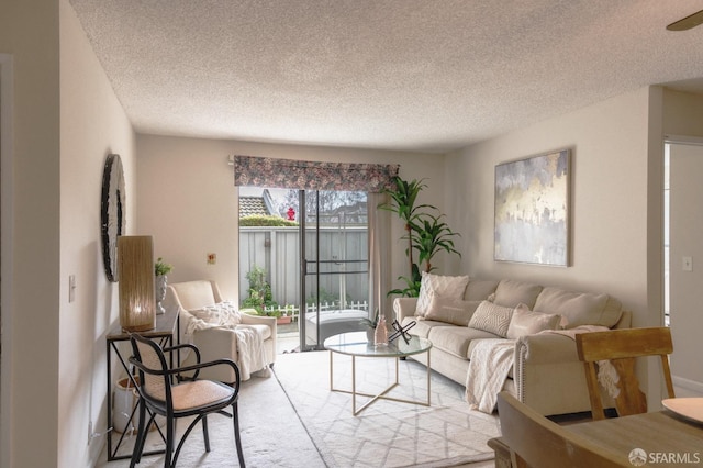 living room with a textured ceiling