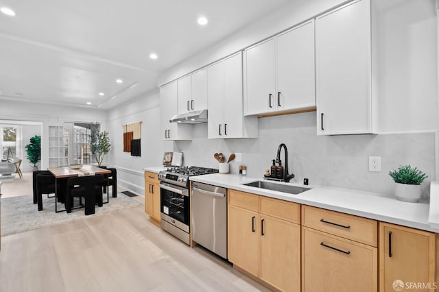 kitchen featuring stainless steel appliances, under cabinet range hood, a sink, recessed lighting, and light countertops