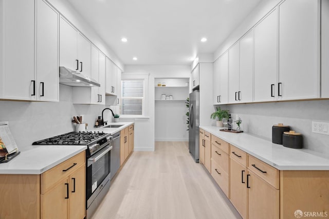 kitchen with stainless steel appliances, under cabinet range hood, a sink, light wood-type flooring, and recessed lighting
