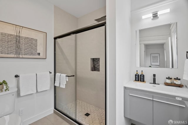 full bathroom with a shower stall, toilet, tile patterned floors, and vanity