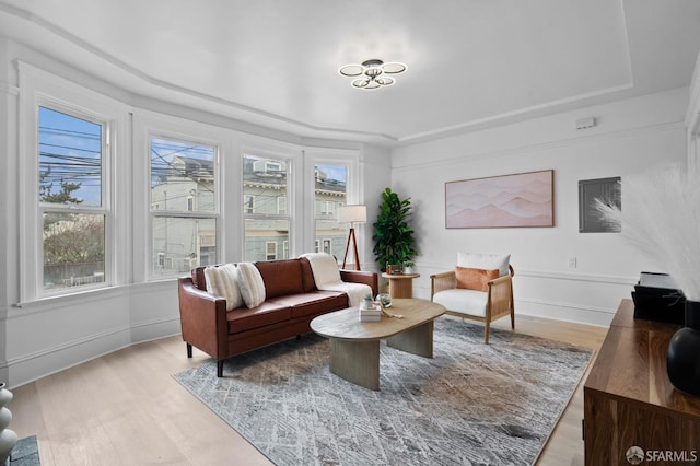 living room with a tray ceiling and light wood-style flooring