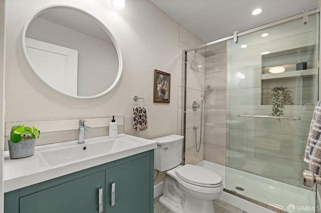 74 Crane St, San Francisco, CA 94124 - bathroom featuring toilet, a stall shower, vanity, and recessed lighting