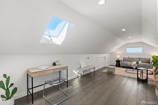 74 Crane St, San Francisco, CA 94124 - office area featuring a skylight, vaulted ceiling, dark wood finished floors, recessed lighting, and baseboards