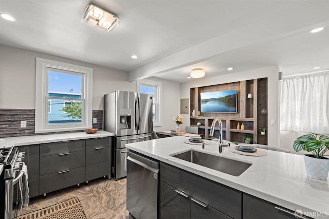 74 Crane St, San Francisco, CA 94124 - kitchen featuring appliances with stainless steel finishes, a sink, gray cabinets, recessed lighting, and healthy amount of natural light