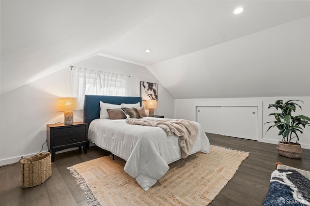 74 Crane St, San Francisco, CA 94124 - bedroom featuring lofted ceiling, dark wood-style flooring, and recessed lighting