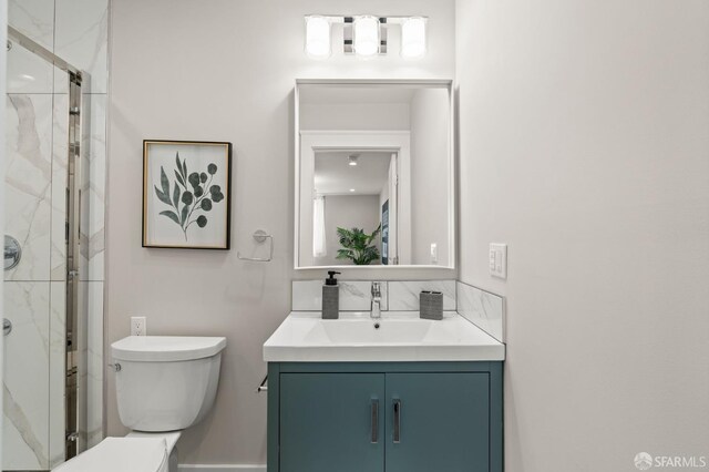 74 Crane St, San Francisco, CA 94124 - bathroom featuring vanity, a marble finish shower, and toilet