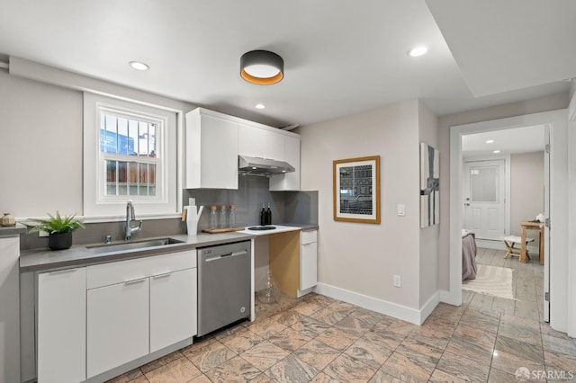 74 Crane St, San Francisco, CA 94124 - kitchen with stainless steel dishwasher, a sink, under cabinet range hood, recessed lighting, and white cabinets