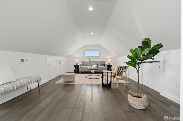 74 Crane St, San Francisco, CA 94124 - living room featuring lofted ceiling, dark wood-style floors, baseboards, and recessed lighting