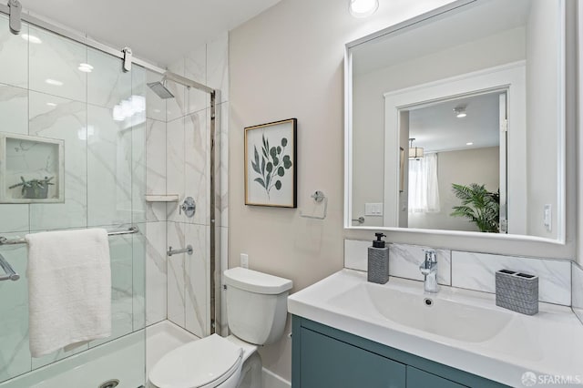 74 Crane St, San Francisco, CA 94124 - bathroom featuring vanity, toilet, and a shower stall