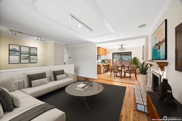 2033 Oakmont Dr, San Bruno, CA 94066 - living area featuring rail lighting, light wood-type flooring, crown molding, and baseboards
