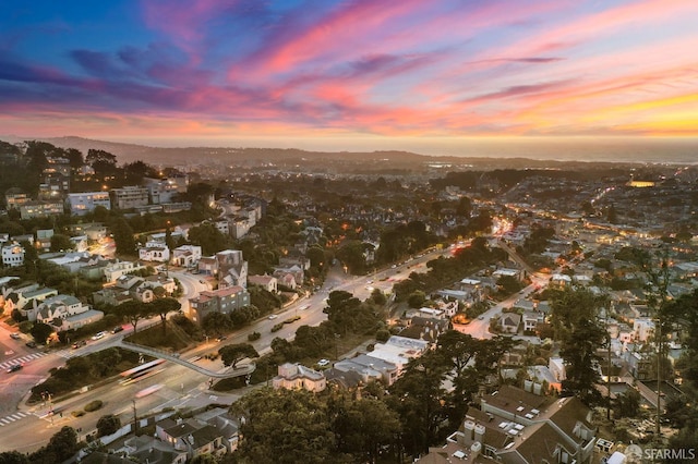 view of aerial view at dusk