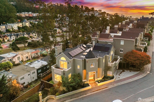 view of aerial view at dusk