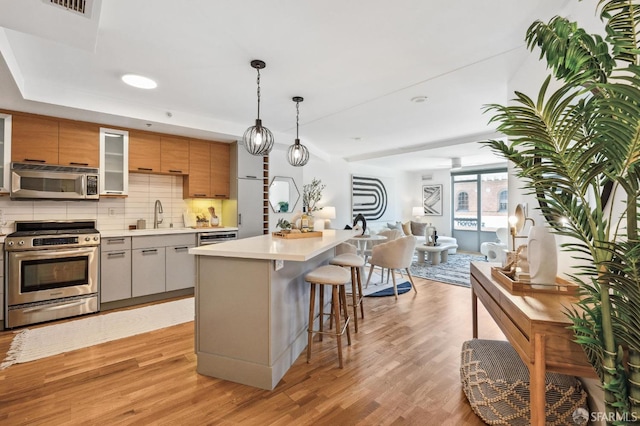 kitchen featuring light hardwood / wood-style flooring, appliances with stainless steel finishes, hanging light fixtures, and sink