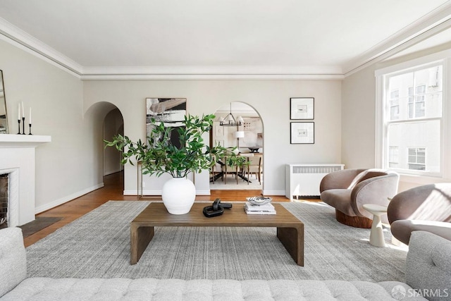 living area with radiator heating unit, arched walkways, ornamental molding, wood finished floors, and baseboards