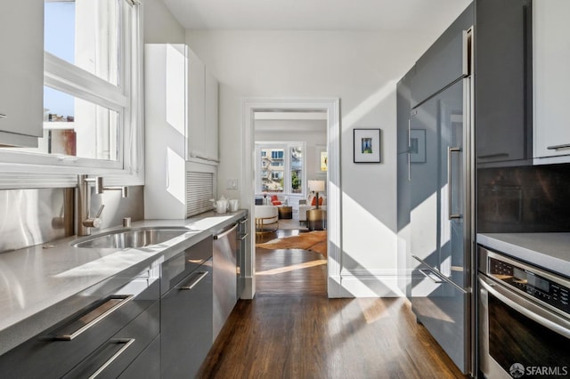 kitchen featuring stainless steel counters, dark wood-style floors, stainless steel appliances, modern cabinets, and a sink