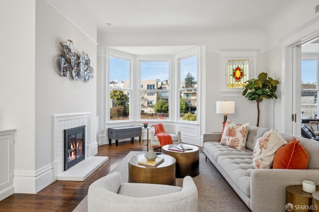 living room featuring a fireplace and wood finished floors