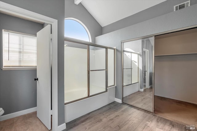 interior space featuring wood-type flooring, combined bath / shower with glass door, a wealth of natural light, and vaulted ceiling