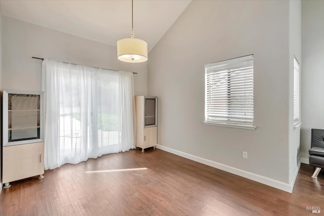 spare room featuring high vaulted ceiling and dark hardwood / wood-style flooring