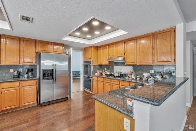 kitchen with sink, appliances with stainless steel finishes, a raised ceiling, kitchen peninsula, and dark wood-type flooring