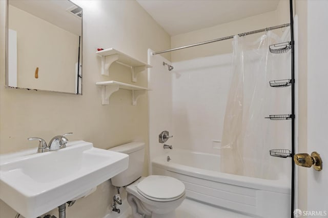 full bathroom with sink, toilet, and shower / bath combination with curtain