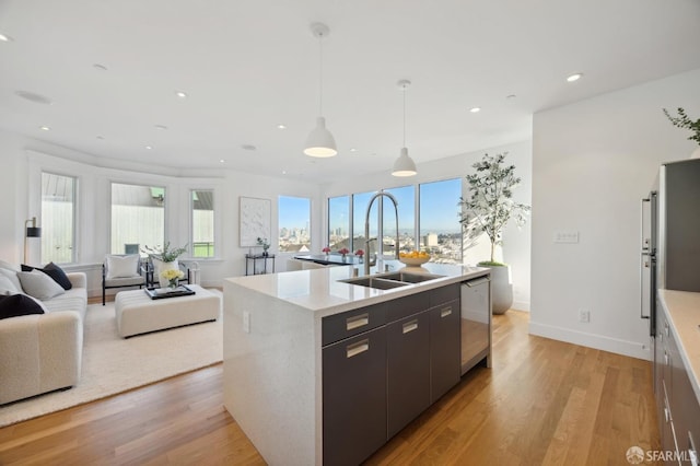 kitchen featuring pendant lighting, plenty of natural light, sink, a kitchen island with sink, and light wood-type flooring