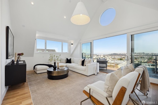 living room with high vaulted ceiling, a wealth of natural light, and light hardwood / wood-style floors