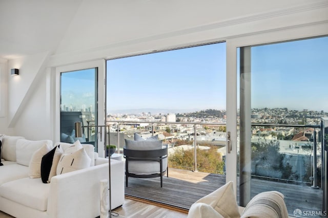 doorway to outside featuring plenty of natural light and light hardwood / wood-style floors