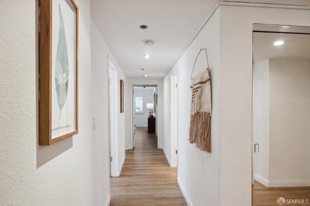 hallway featuring light hardwood / wood-style floors and crown molding