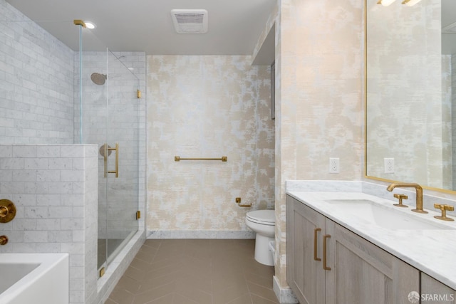 401 Harrison St Unit 23C, San Francisco, CA 94105 - bathroom with tile patterned floors, a stall shower, vanity, and a bath