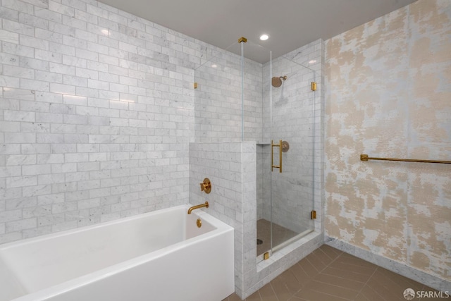 401 Harrison St Unit 23C, San Francisco, CA 94105 - full bathroom with tile patterned flooring, a stall shower, a bathtub, and wallpapered walls