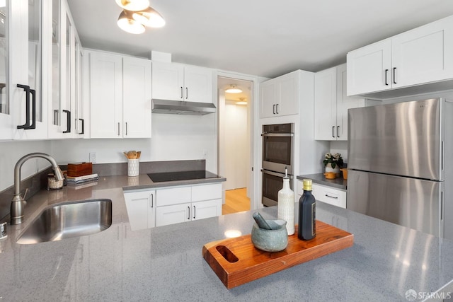 kitchen featuring stainless steel appliances, a sink, under cabinet range hood, white cabinetry, and dark stone counters