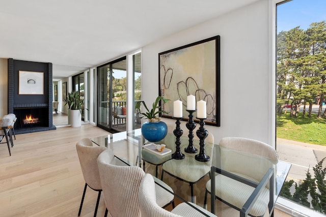 dining space with a fireplace, light wood-style flooring, plenty of natural light, and a wall of windows