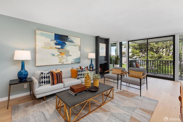 living room with wood finished floors, expansive windows, plenty of natural light, and baseboards