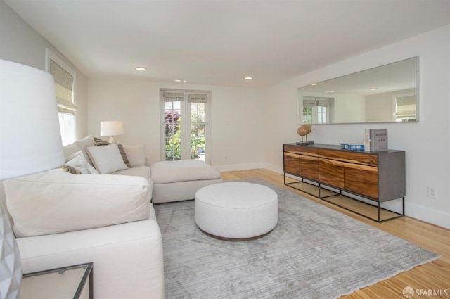 living area featuring recessed lighting, baseboards, and wood finished floors