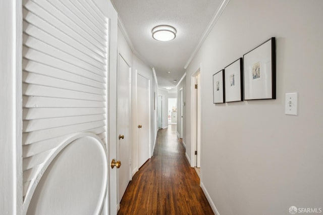 corridor featuring dark wood-type flooring, ornamental molding, and a textured ceiling