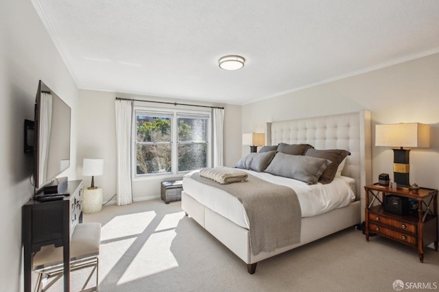 carpeted bedroom featuring ornamental molding