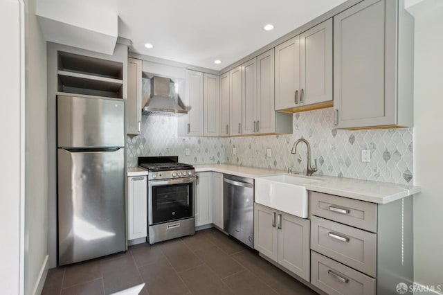 kitchen with stainless steel appliances, sink, gray cabinets, and wall chimney exhaust hood