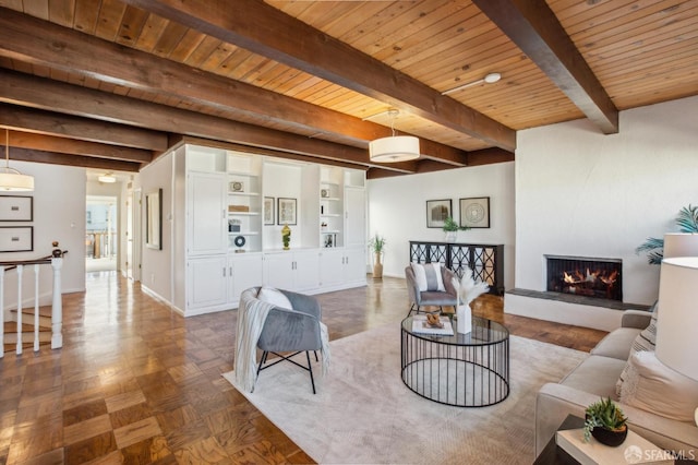 living room with wood ceiling, parquet flooring, and beam ceiling