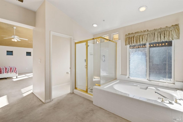 bathroom featuring ceiling fan, lofted ceiling, and shower with separate bathtub