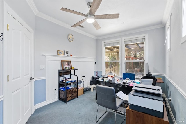 office space with crown molding, carpet floors, and ceiling fan