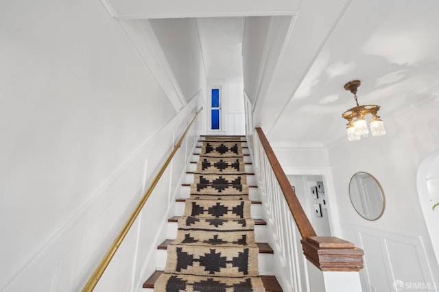 5 College Ter, San Francisco, CA 94112 - stairs featuring a decorative wall, a chandelier, crown molding, and arched walkways