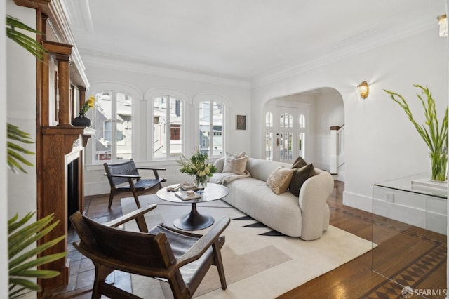 5 College Ter, San Francisco, CA 94112 - living area featuring ornamental molding, arched walkways, wood finished floors, baseboards, and a fireplace